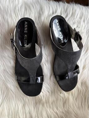 Anne Klein “Tammy” Black Open-Toe Sandals with Ankle Strap